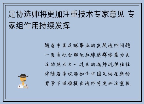 足协选帅将更加注重技术专家意见 专家组作用持续发挥